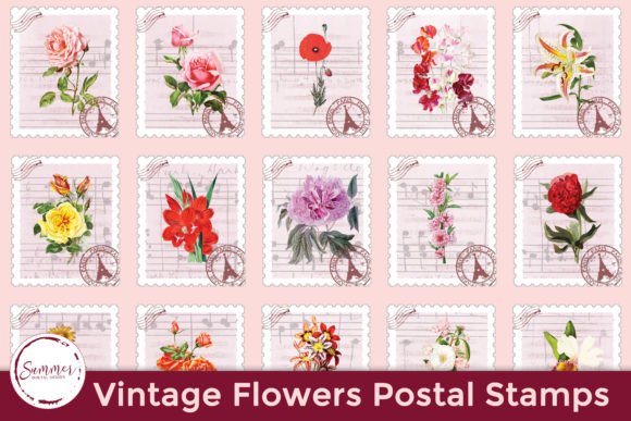 Download Floral Stickers Vintage Faux Stamps - Floral Collection